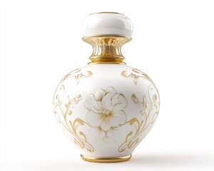 Elegant porcelain perfume bottle adorned with intricate floral designs in gold and white, perfect for enhancing any decor or as a gift.