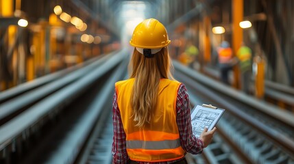 Woman in Safety Gear Overseeing Industrial Workspace with Blueprint in Hand, Construction Background Highlighting Teamwork and Project Management in Action