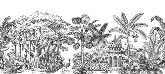 Indian toile jungle seamless border. Tropical palm tree, plants, architecture,  peacock mural.  © good_mood