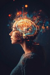 Obraz premium Futuristic Brain Visualization with Glowing Colors and Sparks of Creativity and Intelligence