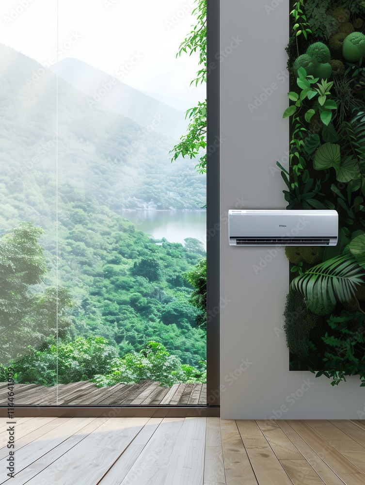 Poster air conditioner mounted on wall with open window revealing mountains and greenery in a modern living