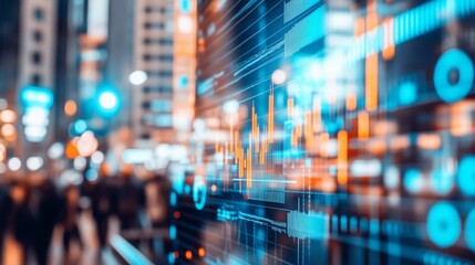 A high-tech image featuring glowing data grids, pie charts, and financial diagrams floating over a blurred background of busy offices and trading floors, 16:9