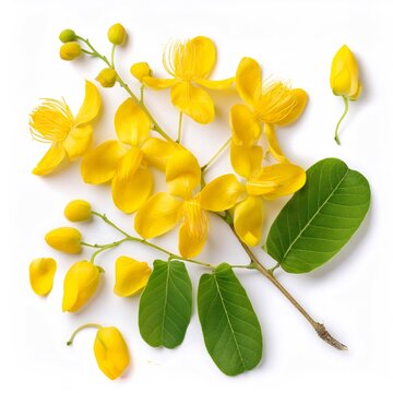 Branch of Peltophorum pterocarpum with yellow flowers and green leaves, isolated on white background