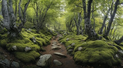 Enchanted Forest Pathway - Lush Greenery and Mossy Path