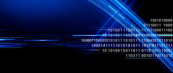 Abstract Blue Digital Binary Code with Light Streaks on Black Background