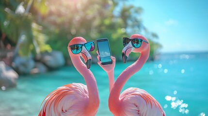 Two flamingos wearing sunglasses holding a phone for selfies on a bright tropical shoreline