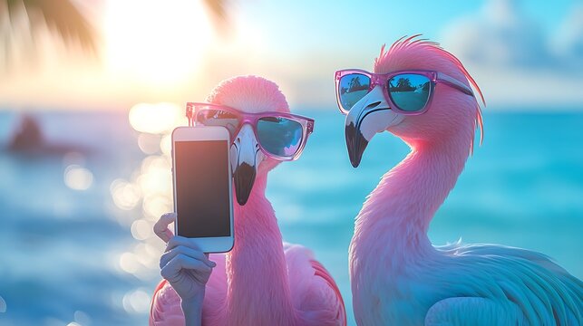 Two flamingos wearing sunglasses holding a phone for selfies on a bright tropical shoreline