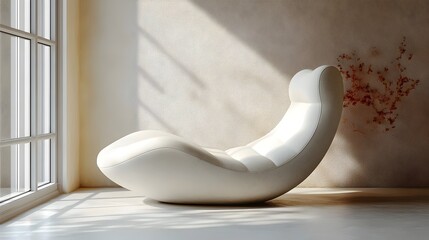 A white chaise lounge is sitting in front of a window
