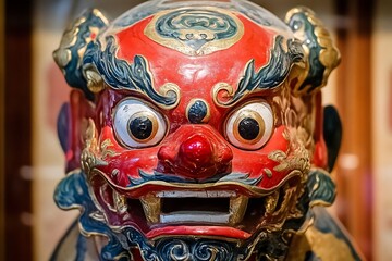 Fototapeta premium Vivid and Ornate Tribal Mask Sculpture with Intricate Patterns and Vibrant Colors