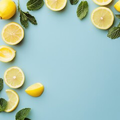 Fresh lemons and mint leaves arranged on a light blue background creating a vibrant and refreshing display ideal