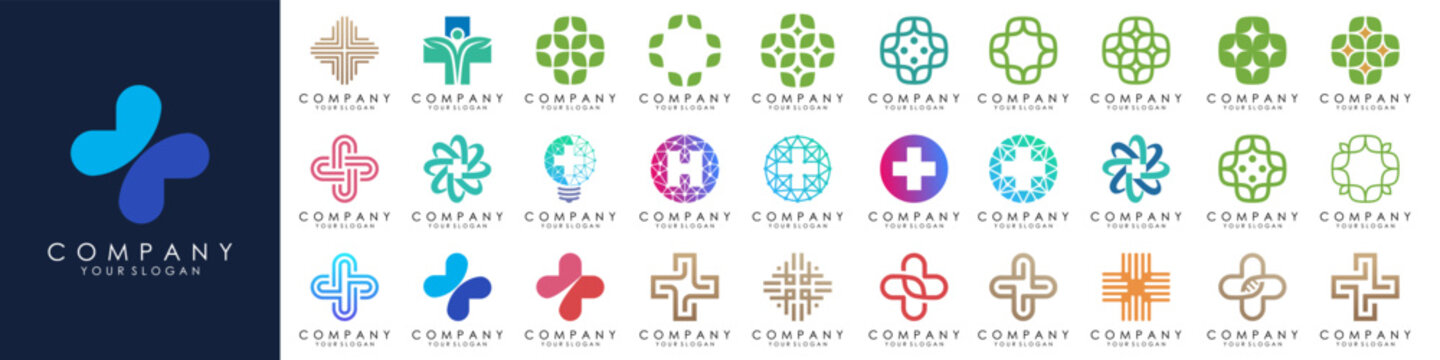 set of Medical Cross logo design template set. Isolated plus icon symbols for hospital, ambulance, pharmacy. Vector collection of health care emblems, signs, badges.