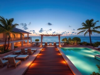 Fototapeta premium Luxurious beachfront property with stunning ocean views available for vacation rentals, getaway, luxurious