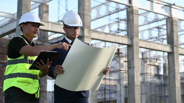 A Group of Construction Engineers Discussing the Project Plan at the Building Site,Collaborating with Architects on Structural Design and Civil Engineers Brainstorming Construction Strategies