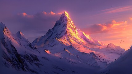 The sun dips behind a distant alpine peak, painting the sky in warm tones of gold and purple while the surrounding mountain range remains bathed in soft light 