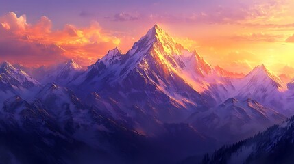 Obraz premium The sun dips behind a distant alpine peak, painting the sky in warm tones of gold and purple while the surrounding mountain range remains bathed in soft light 