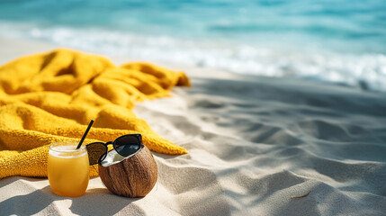 Coconut drink with sunglasses and a yellow towel near the ocean waves