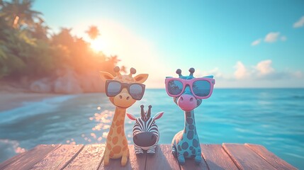 A giraffe and a zebra wearing sunglasses posing for selfies on a sunny shoreline