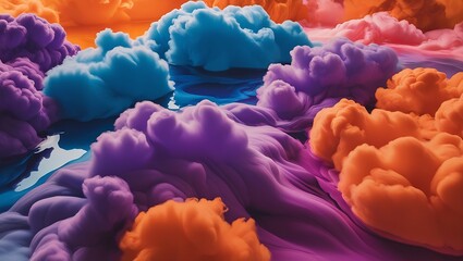 Fototapeta premium Abstract image of swirling ink clouds in water, blending vibrant orange, purple, and blue hues into a fluid, mesmerizing, and harmonious pattern with depth and motion.