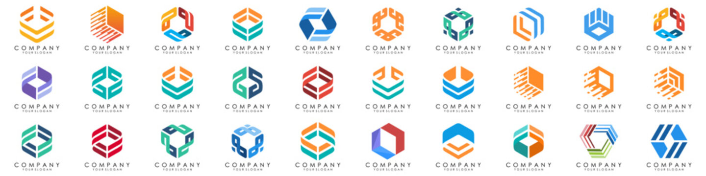 Set of minimalistic trendy shapes creative hexagon logo icon set. Stylish vector logo emblems for Your design.