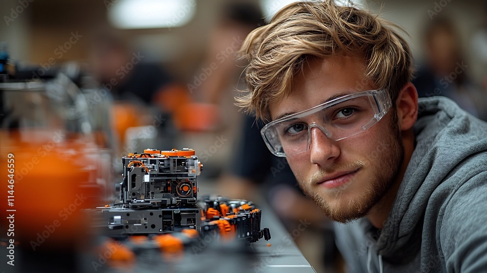 Poster engrossed student building robotic model in tech lab driven innovation through hands on learning