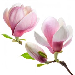 Fototapeta premium Magnolia flowers and bud blooming on a branch with green leaves, isolated on white background
