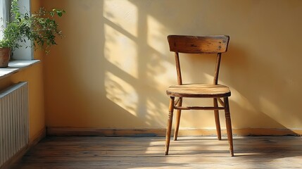 A wooden chair is sitting in front of a window