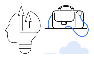 Silhouette head with upward arrows symbolizing growth and innovation next to a briefcase representing business and professionalism. Ideal for career, business growth, innovation, professional