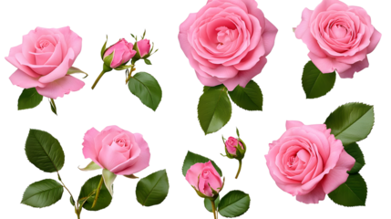 set / collection of beautiful pink roses, flowers, buds and leaf, isolated over a transparent background, cut-out floral, perfume / essential oil or garden design elements, top view / flat lay, PNG