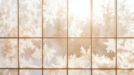 Frost snowflake on the mirror window panes create a essence of Chrismas and Winter mood and tone at soft beige hues in the morning light.