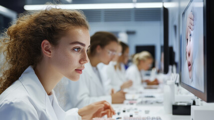 Fototapeta premium Young professionals engaged in scientific research in a modern laboratory setting focused on advanced technology