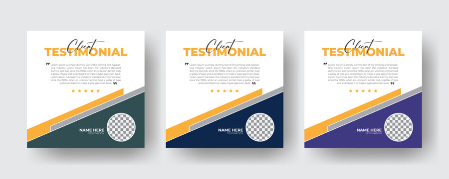 Three color variation, Client feedback social media post bundle carousel design. Client testimonial banner template 
