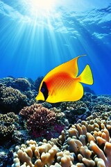 Fototapeta premium Vibrant Coral Reef Teeming with Exotic Marine Life in Sunlit Underwater Scene