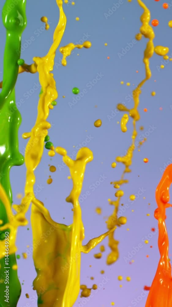 Poster super slow motion of flying colored splashes, isolated on colored background. filmed on high speed c