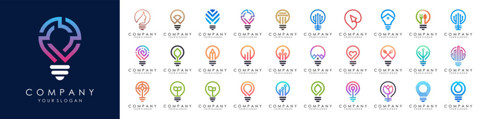 set of Smart bulb logo design. Bulb Logo Design Colorful . Idea creative light bulb logo. Bulb digital logo technology Idea.