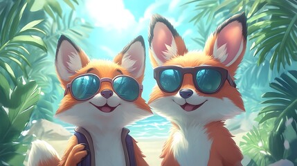 A fox and a rabbit with sunglasses taking selfies on a tropical beach with palm trees