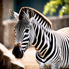 Naklejka premium Tiere im Zoo - Ein Zebra blickt neugierig zu den Zoobesuchern