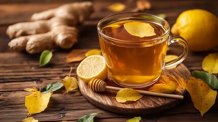 Warm Ginger Tea Slowly Steaming Autumn Photo Wide Shot. AI Generated