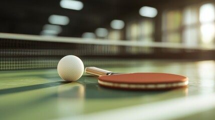 Table tennis action with paddles and ball on a sports table indoor arena close-up shot dynamic sport concept