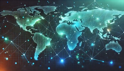 interconnected world map with glowing nodes and network lines, global communication network, international connectivity visualization, worldwide data transfer