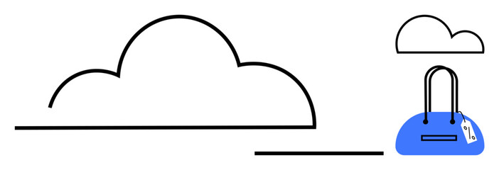 Cloud and shopping bag drawn with black lines, blue shopping bag featuring a price tag. Ideal for retail, e-commerce, cloud computing, weather apps, storage, minimalist design, marketing visuals