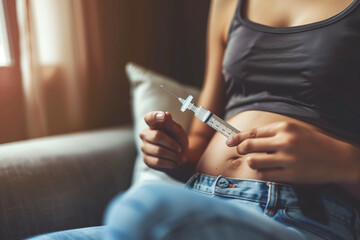 Obraz premium Pregnant woman administering insulin injection into her abdomen for maternal health