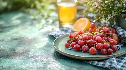 A plate of red grapes and a lemon sits on a table