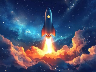 A vibrant, energetic rocket ship blasting off into a starry night, depicting the daring spirit of new startups