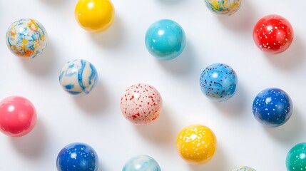 A collection of toy balls scattered on a clean white surface, evoking feelings of enjoyment and play 