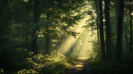 Obraz premium Sunbeams brightly pierce deep forest path wide shot photo. AI Generated