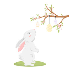 Hand drawn rabbit and flowering branch with easter eggs, isolated on white background. Easter card with bunny, in flat vector style. Happy Easter holiday illustration.