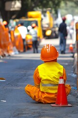 Construction Worker Wearing Orange Safety Vest and Helmet on Urban Road Repair Site