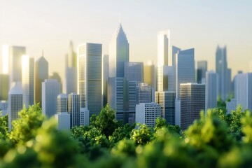 Obraz premium Vibrant Cityscape with Towering Skyscrapers and Green Parklands at Sunrise