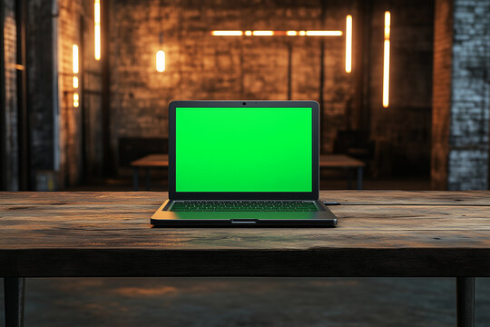 Mock-up green screen on a laptop standing on the top of a wooden table, evening with neon lights. Desk of creative designer