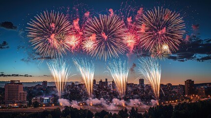Naklejka premium Colorful fireworks celebration over city skyline at dusk vibrant atmosphere aerial view festive concept